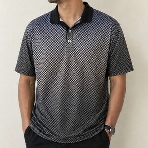 VENEZZI Mens XL Silk Rayon Polo Shirt Ombre Geometric Check Short Sleeve Grey